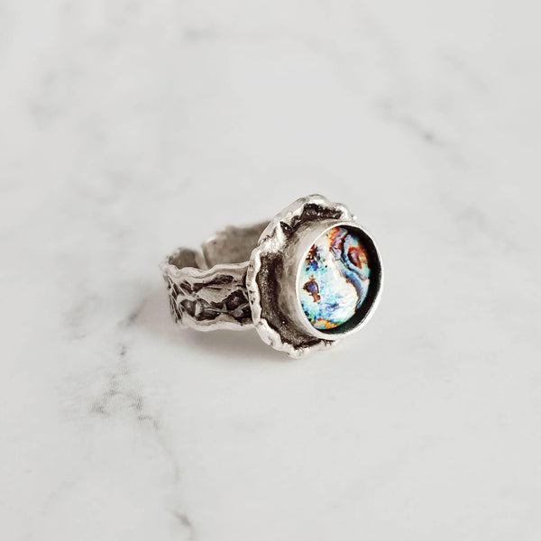 Chunky Silver Ring - deep round bezel set faux paua shell inset - ocean watercolor - antiqued/oxidized finish - adjustable band 7 8 9 10 - Constant Baubling