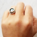 Chunky Silver Ring - deep round bezel set faux paua shell inset - ocean watercolor - antiqued/oxidized finish - adjustable band 7 8 9 10 - Constant Baubling