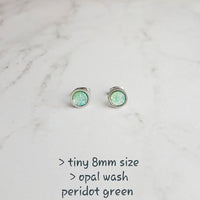 Peridot Green Stud Earrings - opalescent faux druzy stone - simple round rough jagged rock - tiny hypoallergenic stainless steel post drusy - Constant Baubling