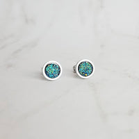 Stainless Stud Earrings, cobalt blue stud, aqua teal blue earring, peacock blue earring, faux druzy stone stud, rough surface hypoallergenic - Constant Baubling