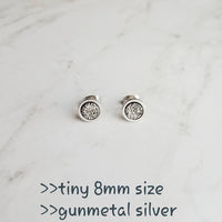Gunmetal Silver Stud Earrings - tiny faux druzy stone - simple small round rough rock - hypoallergenic post drusy imitation little gray gem - Constant Baubling