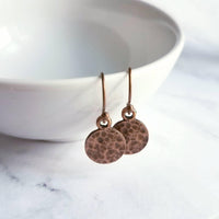 Copper Tag Earrings - small hammered antique/aged finish round rust brown disc on little simple ball ear hook - lightweight/minimalist - Constant Baubling