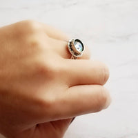 Chunky Silver Ring - deep round bezel set faux paua shell inset - ocean watercolor - antiqued/oxidized finish - adjustable band 7 8 9 10 - Constant Baubling