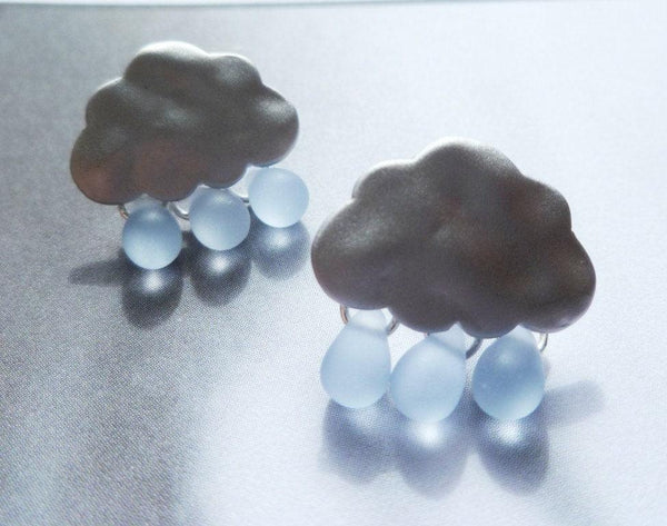 Rain Cloud Earrings, matte silver cloud, blue raindrops, rain drops keep falling on my head, 925 sterling silver posts, small storm earrings - Constant Baubling