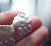 Rain Cloud Earrings, matte silver cloud, blue raindrops, rain drops keep falling on my head, 925 sterling silver posts, small storm earrings - Constant Baubling