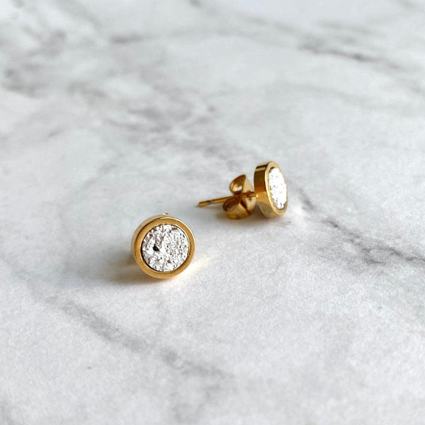 Gold Stud Earrings - gold stainless steel & silver faux druzy stone mixed metals - simple round rough drusy rock - tiny hypoallergenic post - Constant Baubling