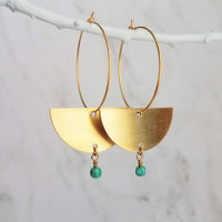 Gold Hoop Earrings, gold half circle earring, thin hoops, gold circle earring, semicircle earring tiny turquoise blue cube bead dangle large - Constant Baubling