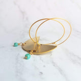 Gold Hoop Earrings, gold half circle earring, thin hoops, gold circle earring, semicircle earring tiny turquoise blue cube bead dangle large - Constant Baubling