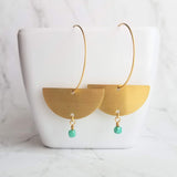 Gold Hoop Earrings, gold half circle earring, thin hoops, gold circle earring, semicircle earring tiny turquoise blue cube bead dangle large - Constant Baubling