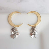 Shooting Star Earrings - crescent moon & celestial cascade of stars - choose from gold or silver mixed metals or solid color - make a wish - Constant Baubling