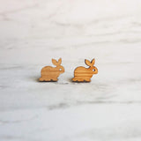 Bunny Studs w/ surgical stainless steel posts & backs, cute little baby rabbit wood cut out earrings, hypoallergenic Easter jewelry gift - Constant Baubling