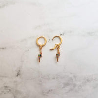Lightning Bolt Earrings, zig zag earring, gold lightning earring, gold huggie hoop, tiny crystal lightning bolt rainbow lightning bolt storm - Constant Baubling