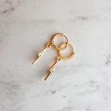 Lightning Bolt Earrings, zig zag earring, gold lightning earring, gold huggie hoop, tiny crystal lightning bolt rainbow lightning bolt storm - Constant Baubling