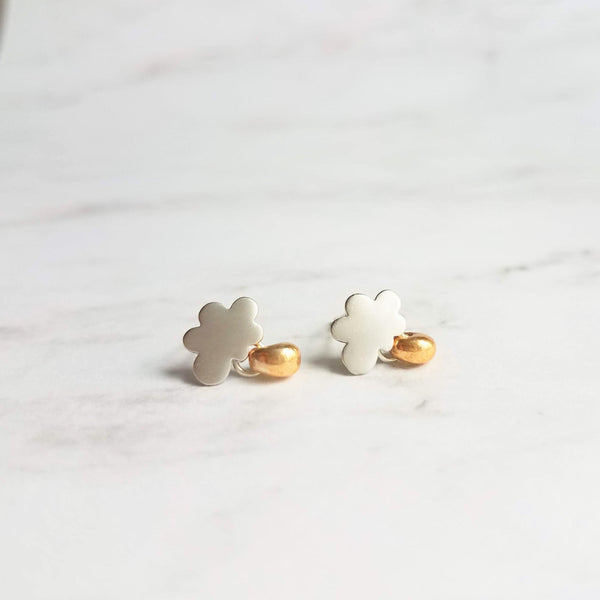 Silver Cloud Earrings - small studs w/ tiny gold glass raindrops and .925 sterling silver posts - Mini Cumulus Storm Weather Jewelry - Constant Baubling