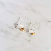 Silver Cloud Earrings - small studs w/ tiny gold glass raindrops and .925 sterling silver posts - Mini Cumulus Storm Weather Jewelry - Constant Baubling