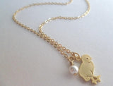 Baby Chick Necklace, chicken necklace, baby chicken necklace, chick charm, farm necklace, farmer necklace, gold chick, baby bird, tiny pearl - Constant Baubling