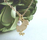 Baby Chick Necklace, chicken necklace, baby chicken necklace, chick charm, farm necklace, farmer necklace, gold chick, baby bird, tiny pearl - Constant Baubling