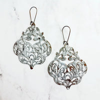 Large White Earrings - filigree Moroccan mottled patina over bronze - thin lightweight intricate design - chic trendy large medallion - Constant Baubling