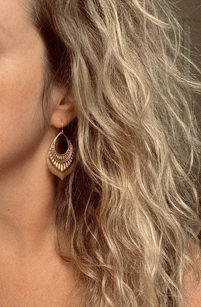 Gold Tribal Earrings, large medallion earring, 14K solid gold hook, gold teardrop earring, lightweight earring big gold earring boho earring - Constant Baubling