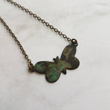 Small Butterfly Necklace, butterfly pendant, delicate chain, bronze necklace, antique brass necklace, patina butterfly, blue green butterfly - Constant Baubling