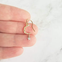Gold Moon Earrings w/ tiny silver star dangle - lightweight hammered texture celestial crescent - 14K gold fill/plate or solid gold hooks - Constant Baubling