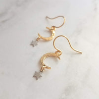 Gold Moon Earrings w/ tiny silver star dangle - lightweight hammered texture celestial crescent - 14K gold fill/plate or solid gold hooks - Constant Baubling