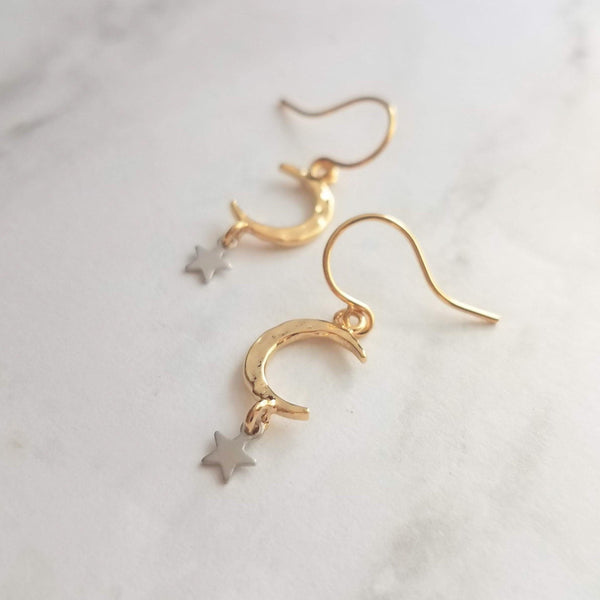 Gold Moon Earrings w/ tiny silver star dangle - lightweight hammered texture celestial crescent - 14K gold fill/plate or solid gold hooks - Constant Baubling