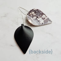 Large Drop Earrings - butterfly pattern faux leather inverted teardrop leaf shape - white/grey/purple/violet handmade jewelry - 3 inch - Constant Baubling