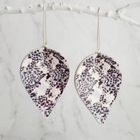 Large Drop Earrings - butterfly pattern faux leather inverted teardrop leaf shape - white/grey/purple/violet handmade jewelry - 3 inch - Constant Baubling