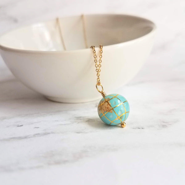 Earth Necklace, 14K gold fill chain, turquoise stone globe, world pendant, gemstone globe, travel gift, long distance far away friend planet