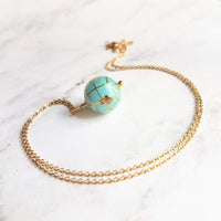 Earth Necklace, 14K gold fill chain, turquoise stone globe, world pendant, gemstone globe, travel gift, long distance far away friend planet - Constant Baubling