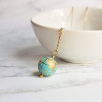 Earth Necklace, 14K gold fill chain, turquoise stone globe, world pendant, gemstone globe, travel gift, long distance far away friend planet - Constant Baubling