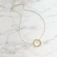 Gold Circle Necklace - dainty minimalist silver chain through simple plain round hoop pendant - mixed metal everyday layering jewelry - Constant Baubling