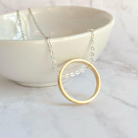 Gold Circle Necklace - dainty minimalist silver chain through simple plain round hoop pendant - mixed metal everyday layering jewelry - Constant Baubling