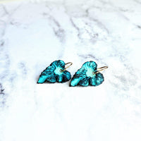 Aqua Leaf Earrings, 14K gold fill hooks, blue green leaf earrings, verdigris patina leaves, patina earrings, wavy leaf earrings large leaves - Constant Baubling