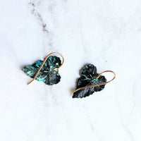 Aqua Leaf Earrings, 14K gold fill hooks, blue green leaf earrings, verdigris patina leaves, patina earrings, wavy leaf earrings large leaves - Constant Baubling