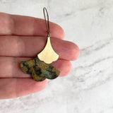 Patina Leaf Earrings - Asian style large blue green copper verdigris & smaller gold brass ginkgo leaves - mottled oxidized rustic jewelry - Constant Baubling