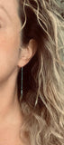 Skinny Bar Earrings - long thin flat stick in verdigris patina - blue green aqua brown copper simple narrow line charm - delicate ear hooks - Constant Baubling