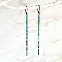Long Thin Earrings - flat narrow bar in blue green aqua brown copper verdigris patina - handmade simple line stick - delicate ear hooks - Constant Baubling
