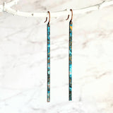 Long Thin Earrings - flat narrow bar in blue green aqua brown copper verdigris patina - handmade simple line stick - delicate ear hooks - Constant Baubling
