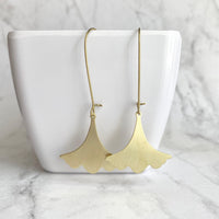 Gold Leaf Earrings, Asian earrings, ginkgo earring, brushed gold earring, brass earring, ruffled edge charm, resilience endurance longevity - Constant Baubling