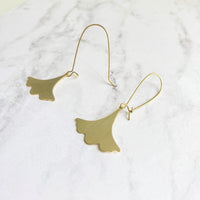 Gold Leaf Earrings, Asian earrings, ginkgo earring, brushed gold earring, brass earring, ruffled edge charm, resilience endurance longevity - Constant Baubling