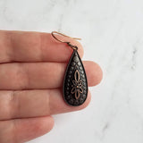 Antique Copper Earrings, large teardrop earrings, long drop earring, raised design, floral teardrop earrings, oxidized copper, rust brown - Constant Baubling