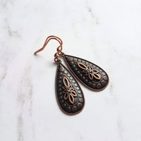 Antique Copper Earrings, large teardrop earrings, long drop earring, raised design, floral teardrop earrings, oxidized copper, rust brown - Constant Baubling