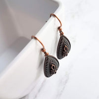 Antique Copper Earrings, large teardrop earrings, long drop earring, raised design, floral teardrop earrings, oxidized copper, rust brown - Constant Baubling