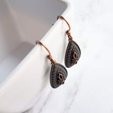 Antique Copper Earrings, large teardrop earrings, long drop earring, raised design, floral teardrop earrings, oxidized copper, rust brown - Constant Baubling