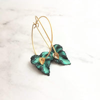 Gold Hoop Earrings - blue green aqua aged verdigris patina leaves - simple woodland minimalist handmade gift for her - small/medium - Constant Baubling