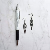 Long Gunmetal Earrings - cathedral style blackened silver filigree design w/ inverted teardrop shape - lightweight handmade everyday jewelry - Constant Baubling