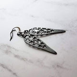 Long Gunmetal Earrings - cathedral style blackened silver filigree design w/ inverted teardrop shape - lightweight handmade everyday jewelry - Constant Baubling