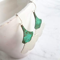 Large Leaf Earrings, .925 sterling silver hook, Asian earrings, double gingko earrings, patina earrings, mottled blue green earrings, rustic - Constant Baubling